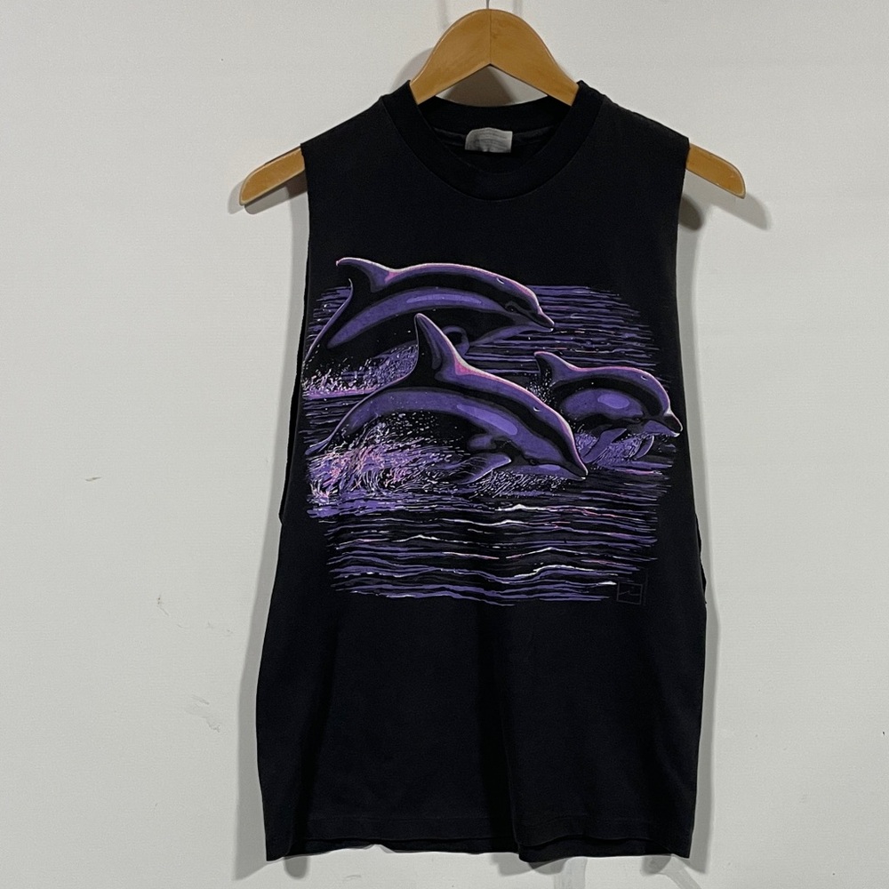 Men's Black Sleeveless Dolphin Graphic Swim Top - Purple Print